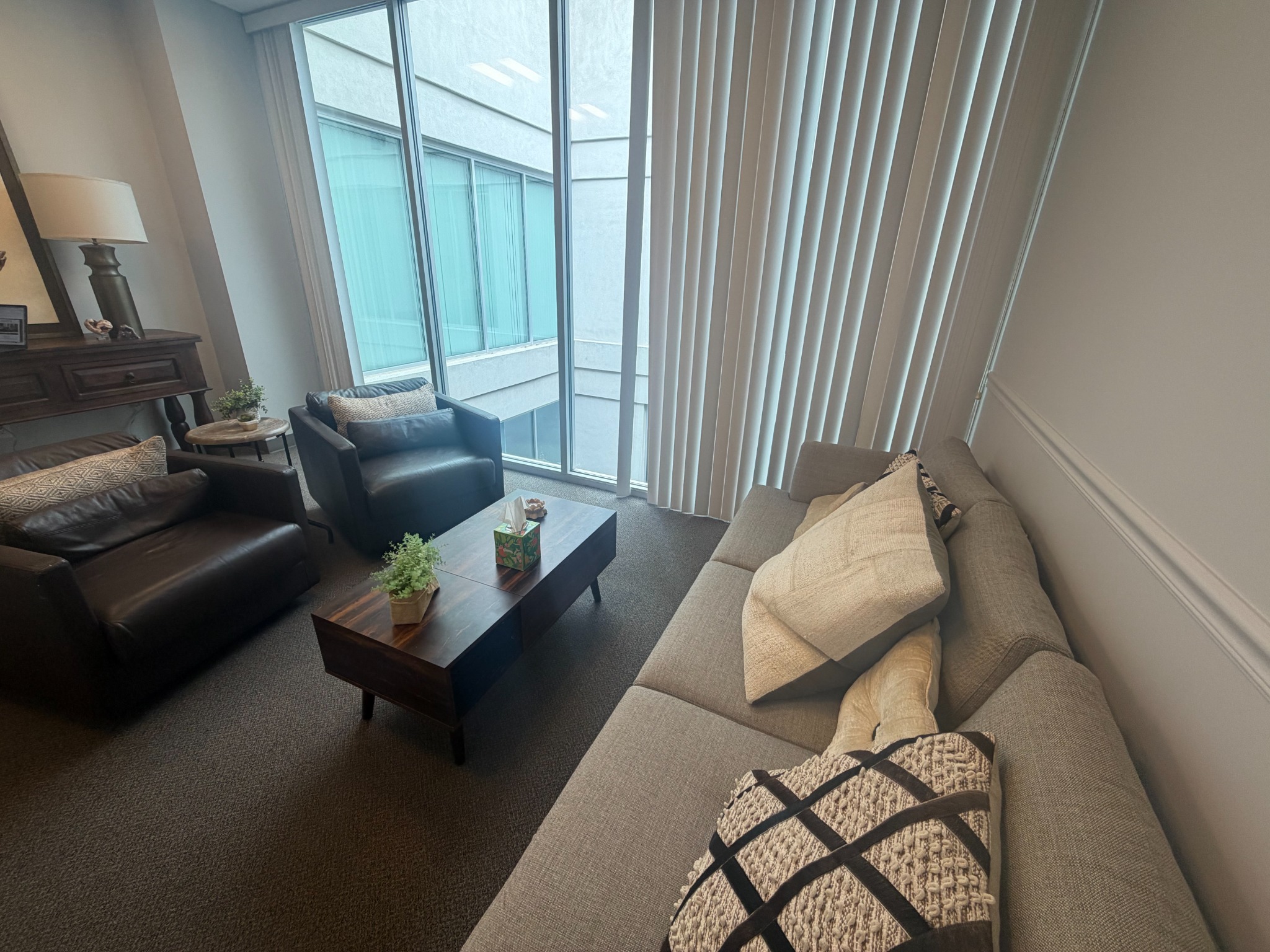 A quiet, warmly furnished therapy office